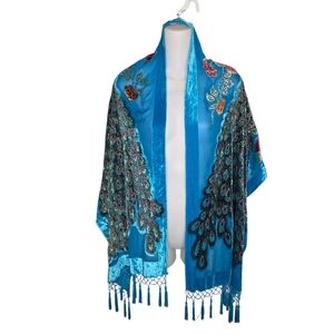 Lucy's Silk Vtg Burnout Beaded Fringe Peacock Floral Glam Scarf Shawl 6'x20"
